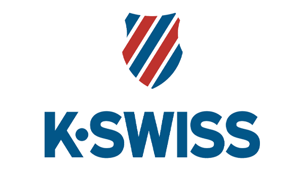 K-Swiss logo with a shield emblem featuring red and blue diagonal stripes.