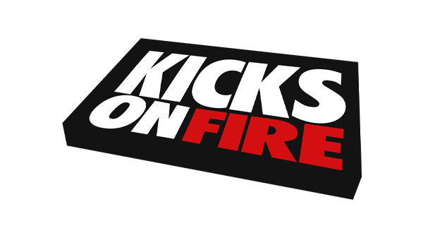 Logo for 'Kicks on Fire' with white and red text on a black background.