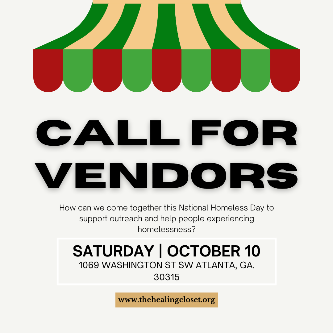 A flyer for a vendor call on National Homelessness Day with a colorful striped awning design at the top, bold black text saying "Call for Vendors", and details about the event including date, location, and website.