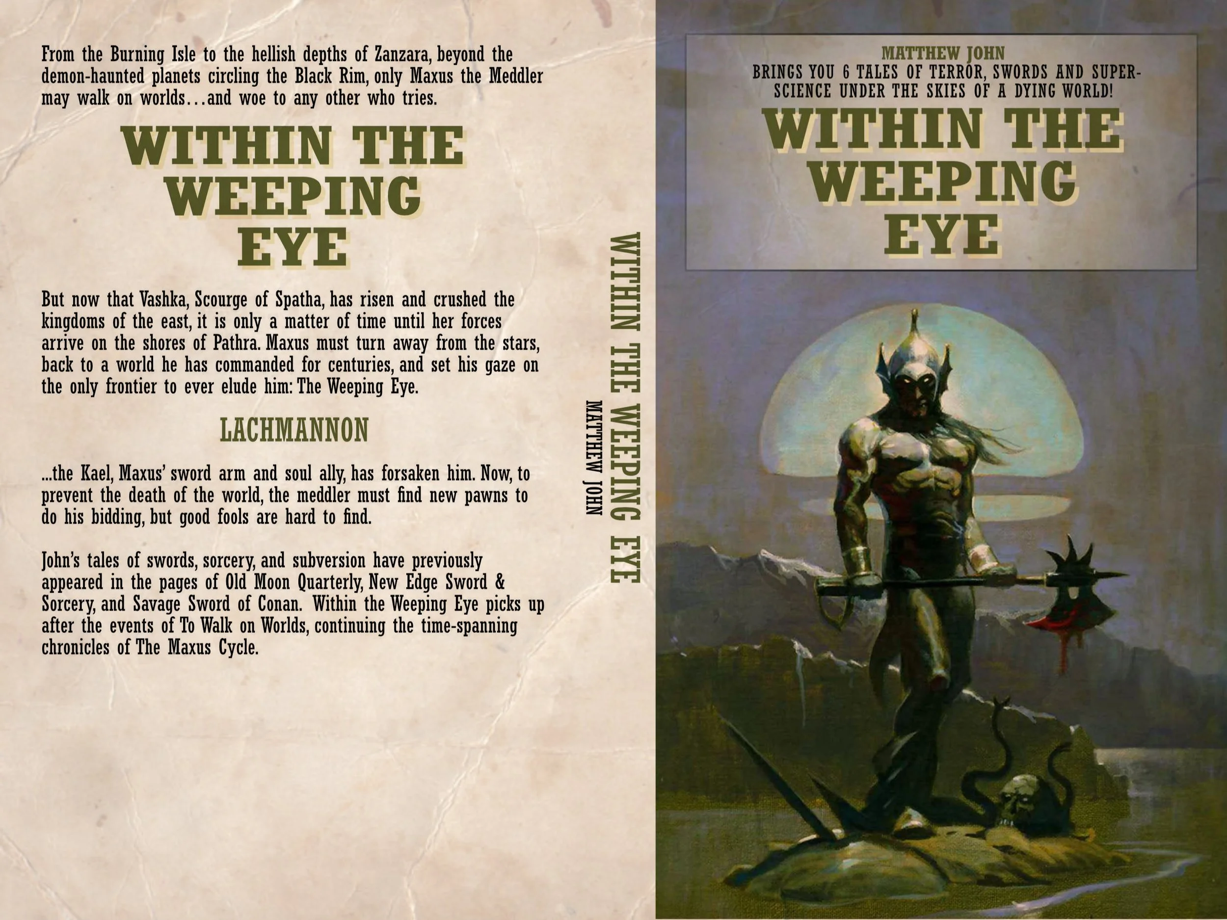 The wrap-around cover from Matthew John's Within The Weeping Eye. In part the back cover copy reads, "...To prevent the death of the world, the meddler must find new pawns to do his bidding, but good fools are hard to find."