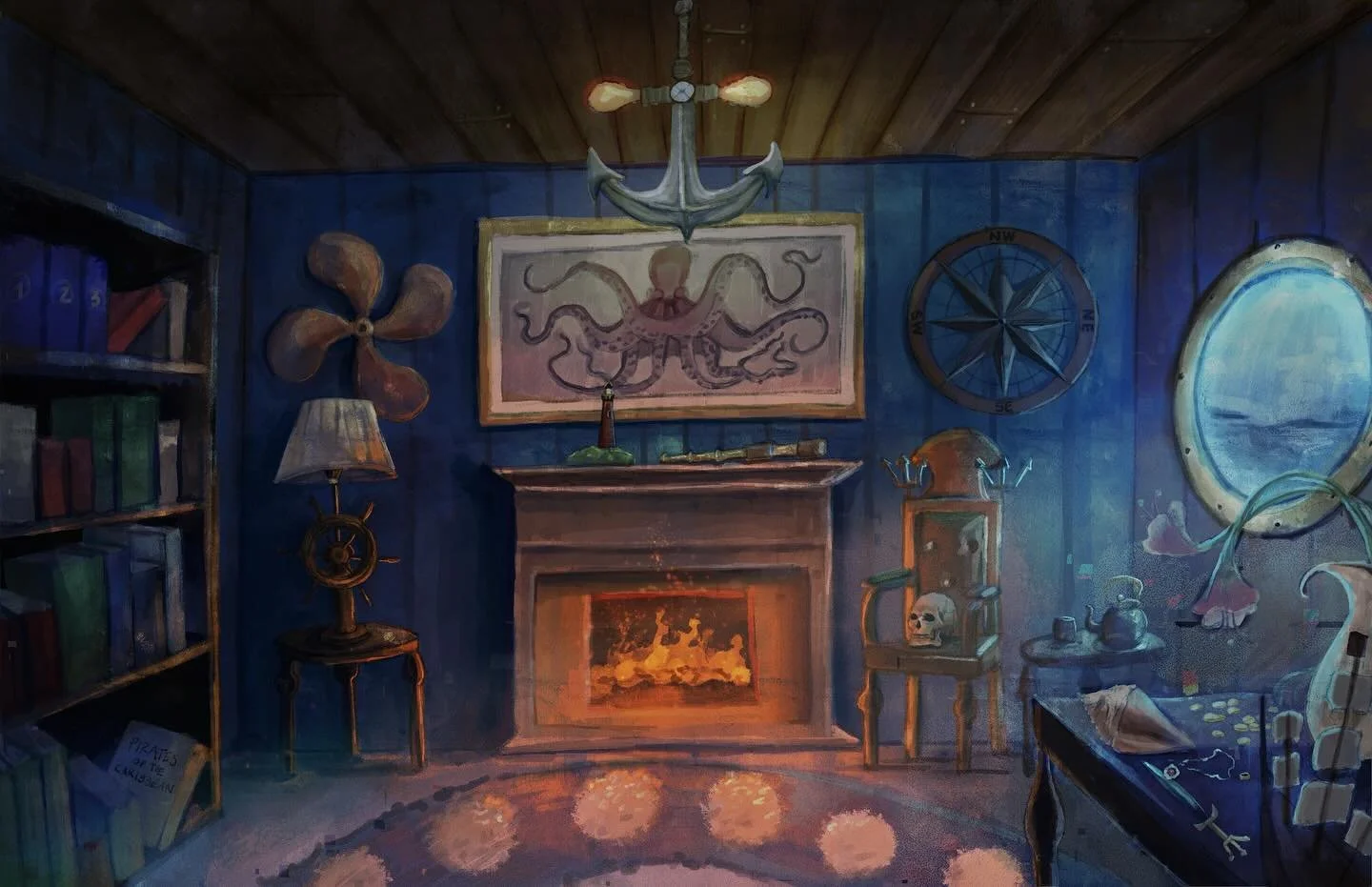 Imaginary room | nautical inspired ⚓️

Made this illustration for my Digital Painting &amp; Illustration class and I&rsquo;ve been obsessed with pirates and nautical themes ever since I read a good pirate themed fan fiction lol so yeah that&rsquo;s w