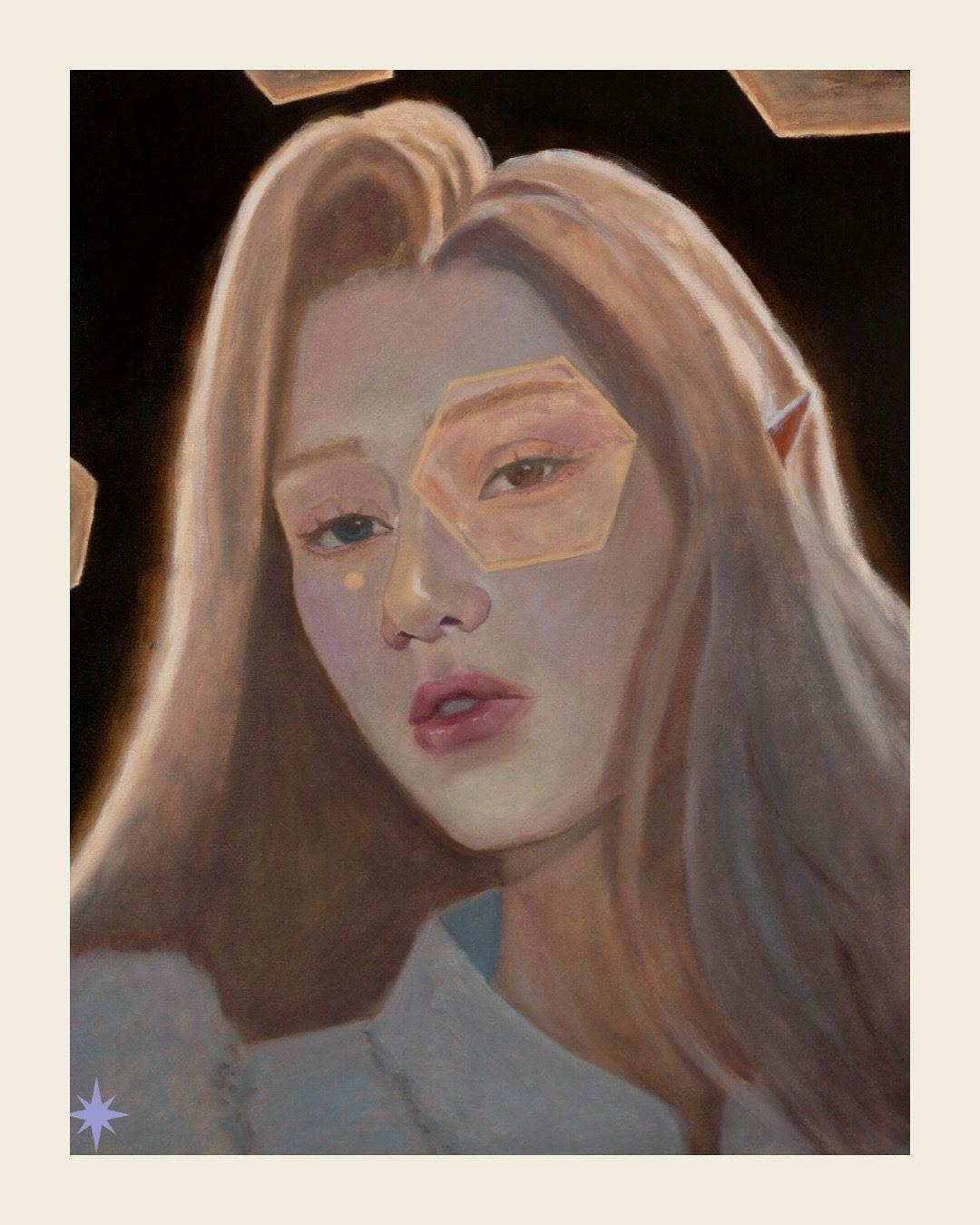 hexagon view 🔸
16 x 20
Oil on panel
2025

The fourth painting in my long-term project. Again I took an old digital painting of mine and painted on top to fit my original character, Luthien. I wanted to explore some geometric shapes and chose a hexag