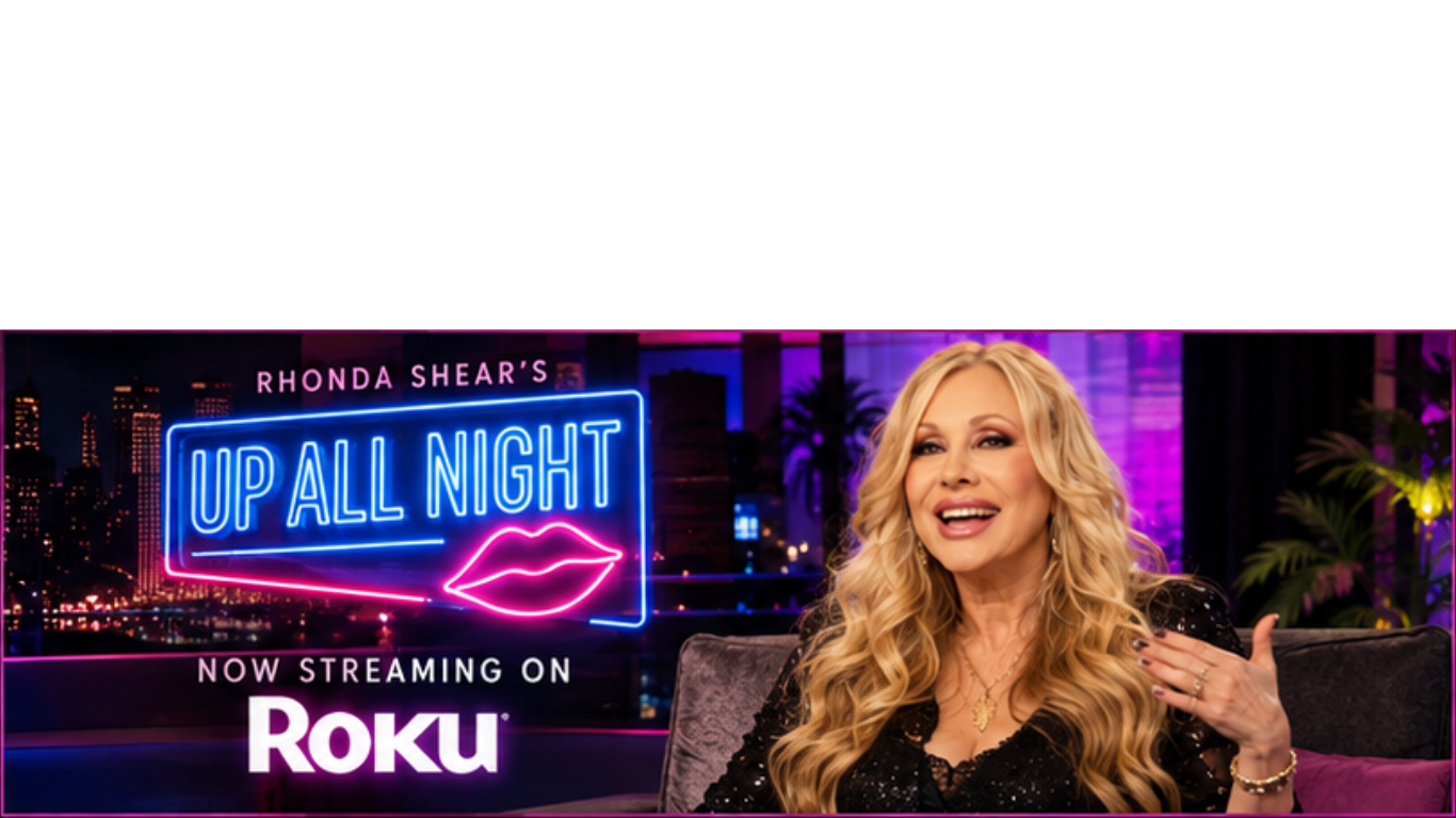 Television show promotion for 'Up All Night' with Rhonda Shear, featuring her sitting on a gray couch and talking, with neon sign in the background displaying the show's title and a pair of lips, and a cityscape at night
