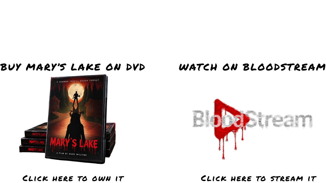 A DVD cover for the movie 'Mary's Lake' featuring a silhouette of a girl with a helicopter on her head, standing on the ground with a full moon behind her and trees on either side. Next to the DVD is a BloodStream logo with blood dripping from it.