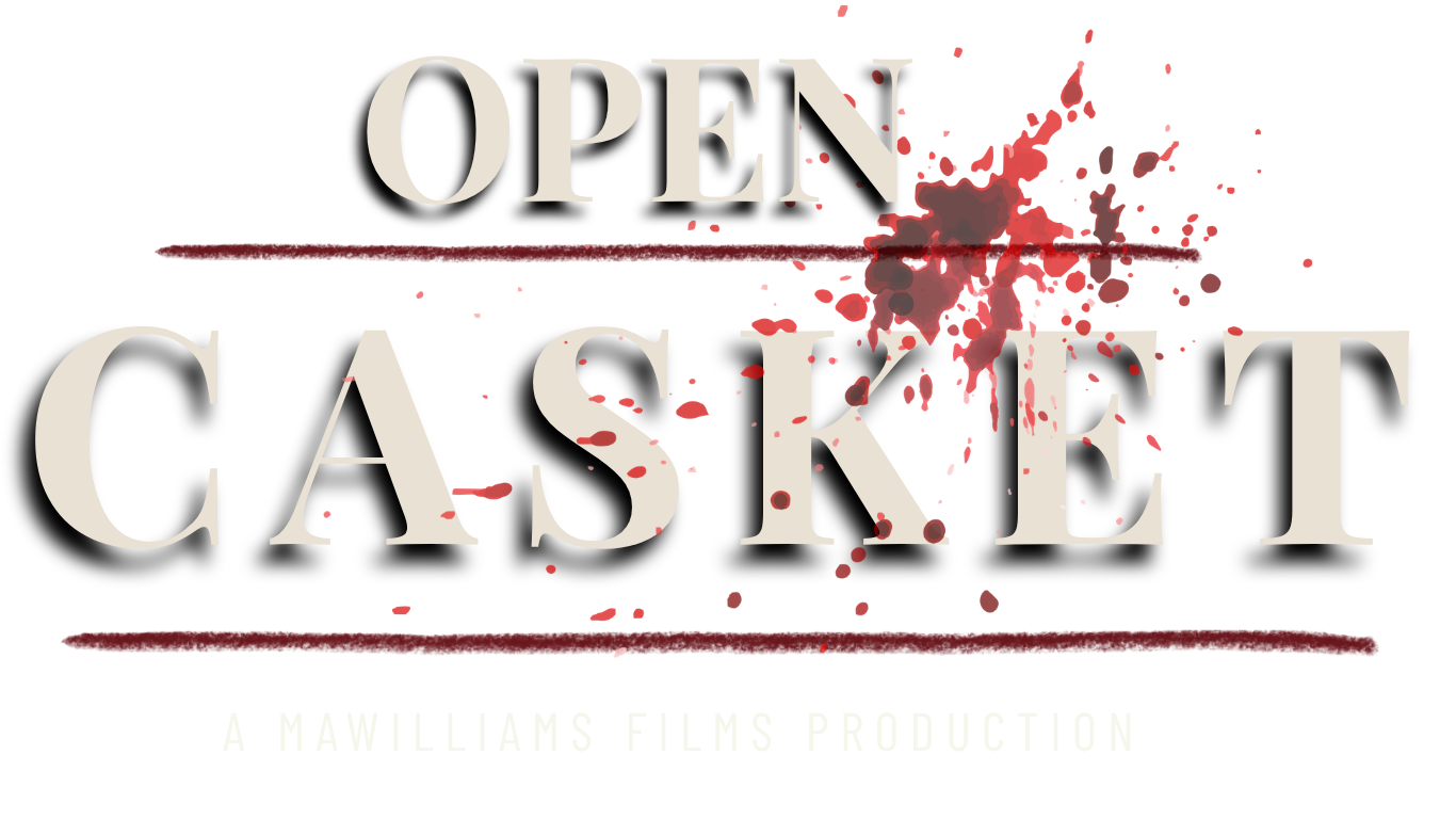 Text reading "OPEN CASKET" with blood splatters and streaks across the words.