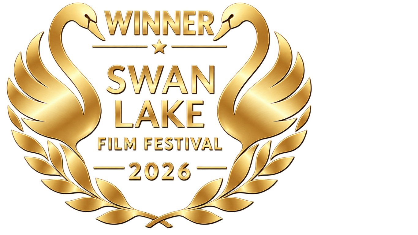 Gold trophy emblem with two swans and laurel branches, featuring the words 'Winner Swan Lake Film Festival 2026'.