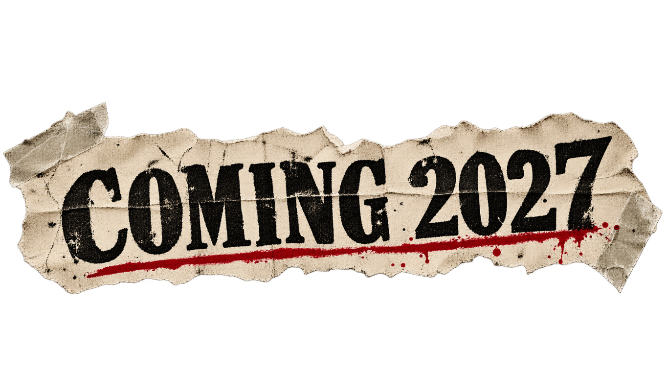 Torn piece of paper with text 'COMING 2027' in bold black letters, with red streak and splatters.