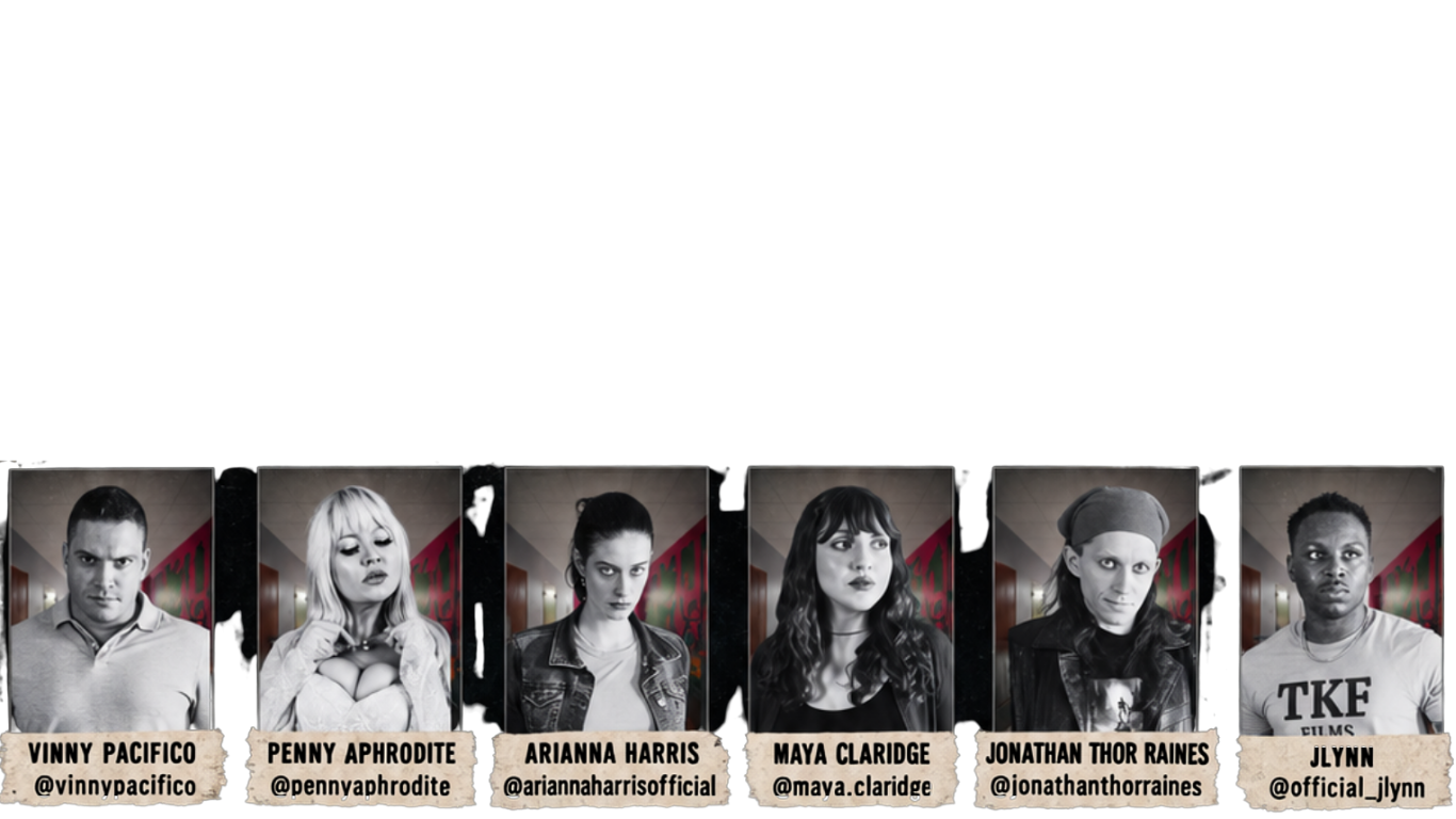 Image of six people with their names, social media handles, and black-and-white portrait photos, standing in a room with a red and gray background.