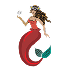 A mermaid with long dark hair, wearing a red top and a red mermaid tail with green fins, waving.