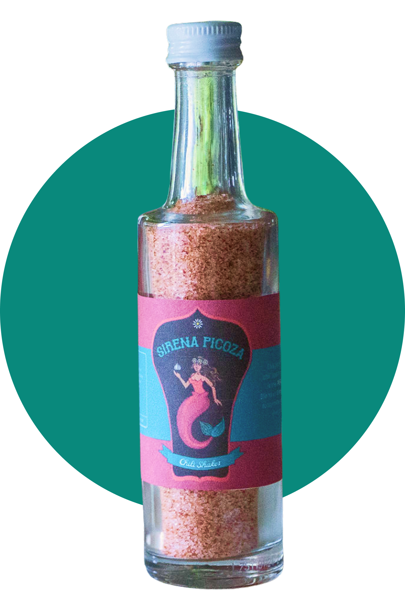 A clear glass salt grinder with a label featuring a mermaid and the word 'Sirena Ficoza'.