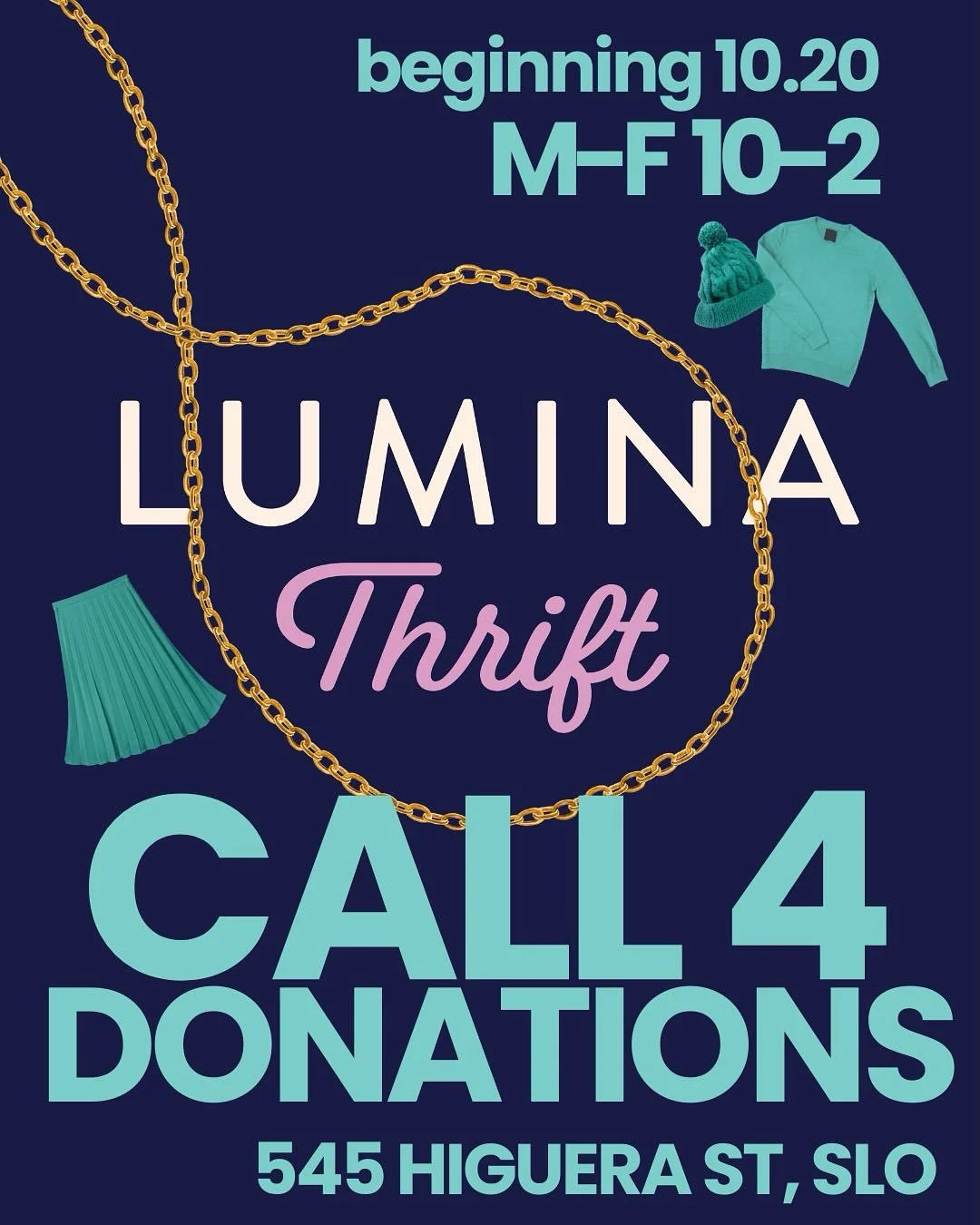 🕺🏻Big news SLO!🕺🏻 Lumina Thrift will be accepting donations starting THIS MONDAY 10/20 from 10 to 2 at 545 Higuera St. in thrift store alley across from Fred and Betty&rsquo;s! Not open for shopping just yet&hellip; Read on for that announcement!