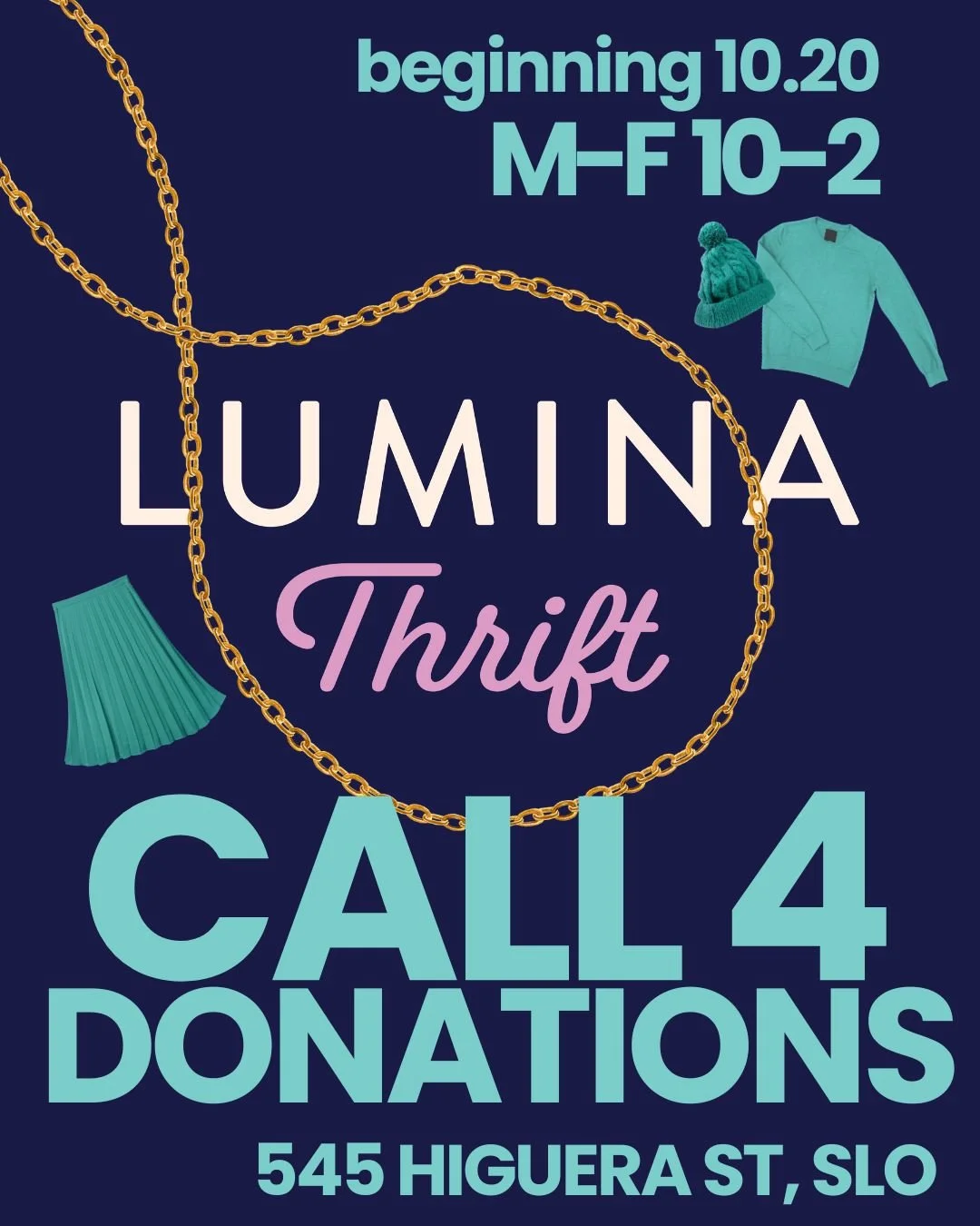 ✨ Big news, SLO! ✨ Lumina Thrift is now accepting donations starting today—Monday through Friday from 10 AM to 2 PM at 545 Higuera Street in Thrift Store Alley (across the street from Fred & Betty’s). Not open for shopping just yet..