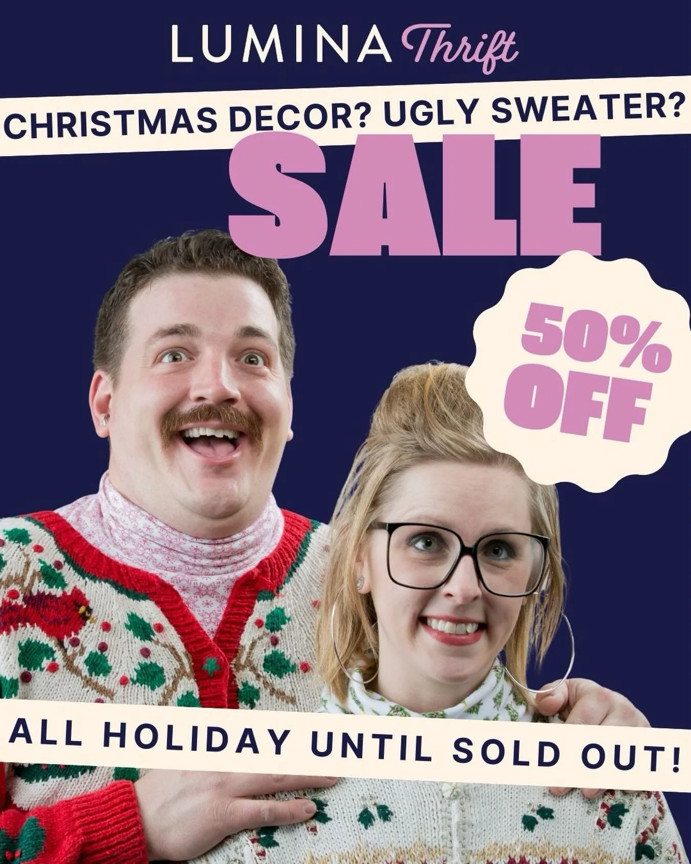 ✨ Holiday treasures are 50% off at Lumina Thrift! ✨
Everything holiday is half off until it&rsquo;s gone, so if you&rsquo;re doing that last dash for something merry, magical, or delightfully random, we&rsquo;ve got you covered.

Need a last-minute h