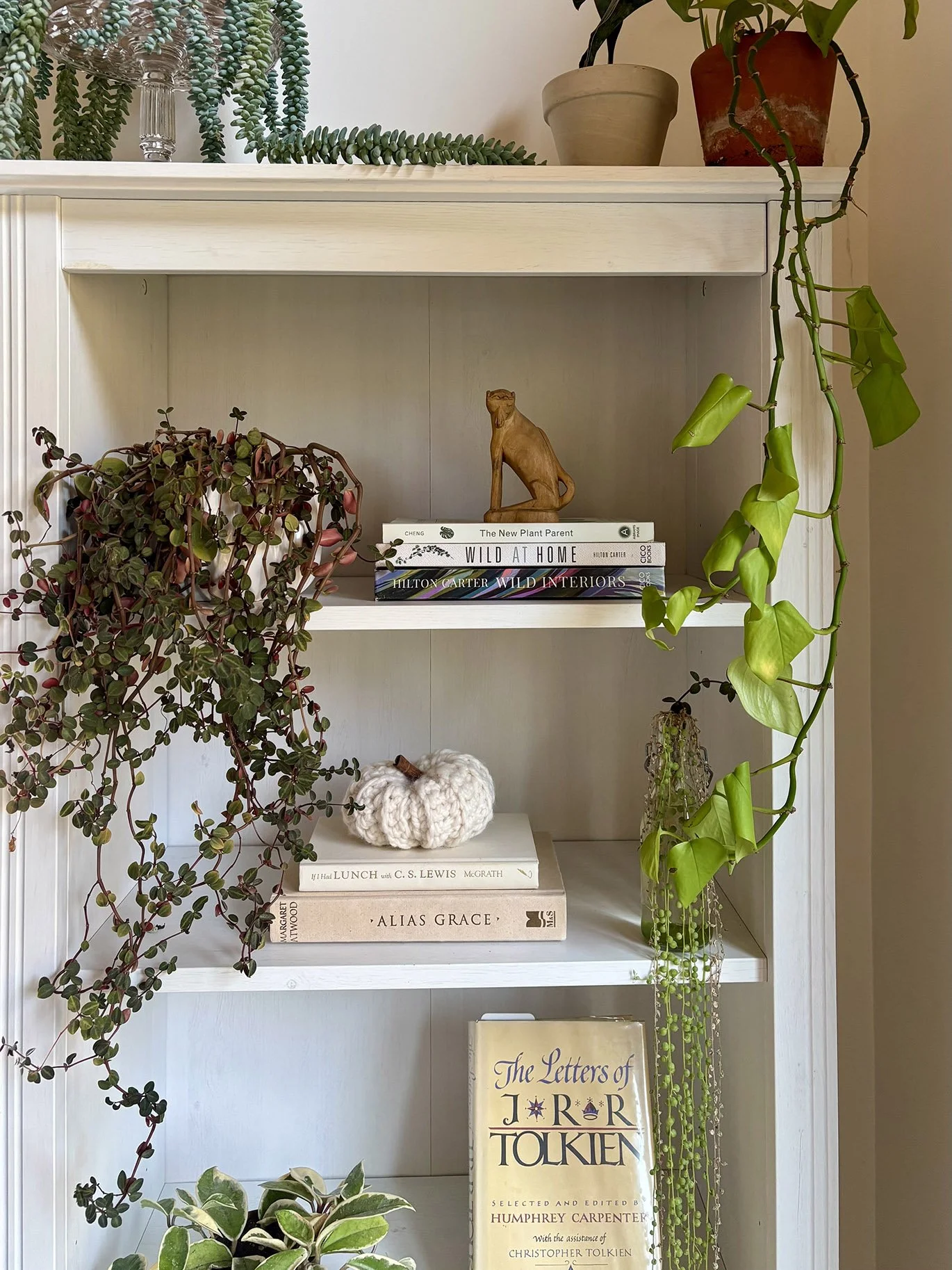 Bookshelf decorated with hanging houseplants, stacked books, and small decorative items, including a wooden animal figurine and a knitted white pumpkin.