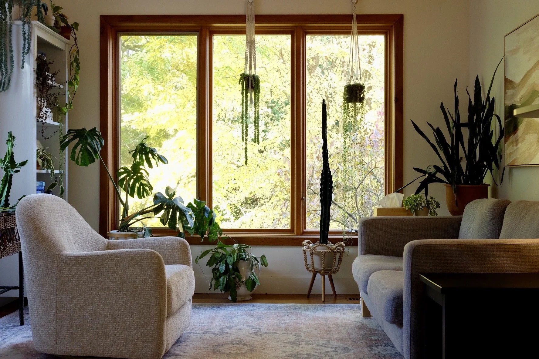 A cozy, plant-filled psychotherapist’s office with a sofa and armchair for clients. Large windows look out onto bright autumn foliage.