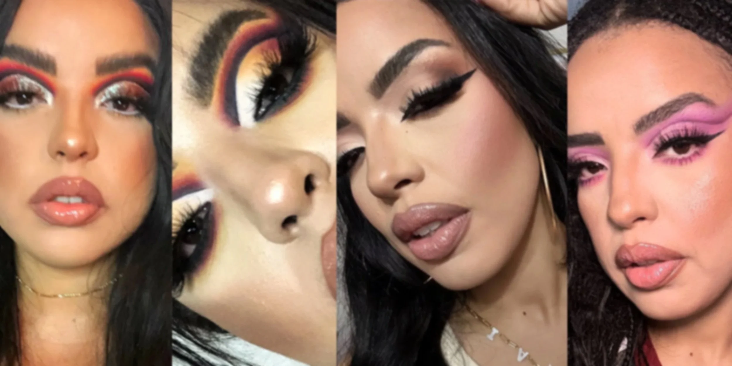 Close-up collage of four women with different bold, colorful makeup styles, including eye and lip makeup.