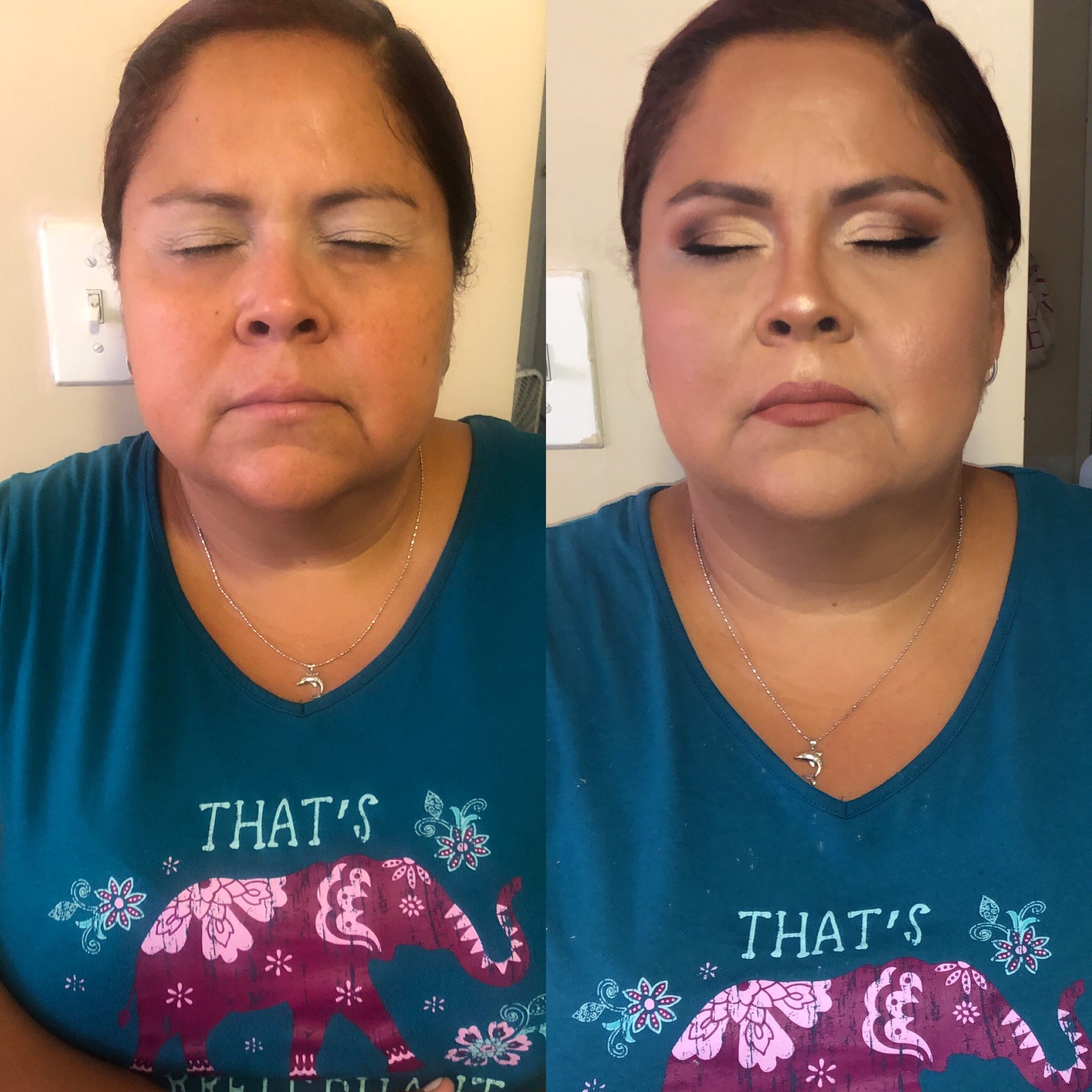 Comparison of a woman before and after applying makeup. In the first image, her face is natural with no makeup. In the second image, she has makeup applied, including foundation, eye shadow, eyeliner, mascara, and lipstick, enhancing her features.