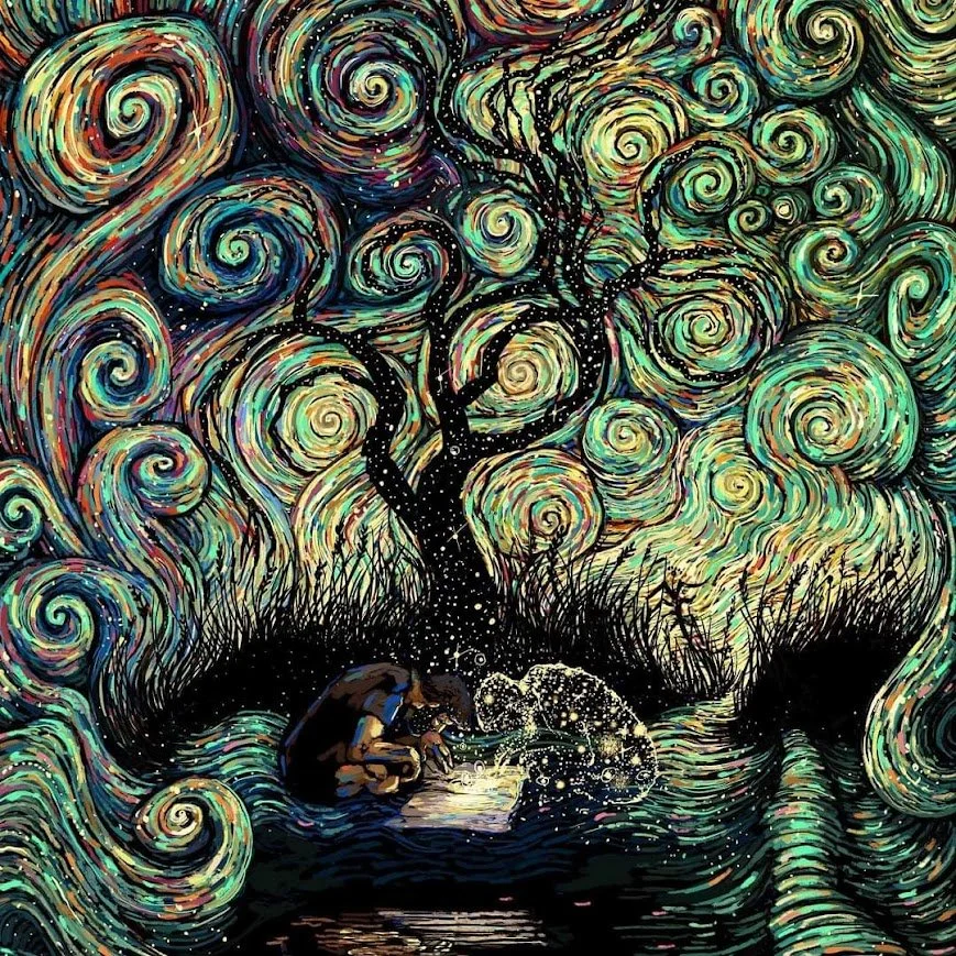 A person sitting under a colorful swirling tree, with vibrant, stylized swirls in the sky and surroundings, creating an abstract, dreamy atmosphere.