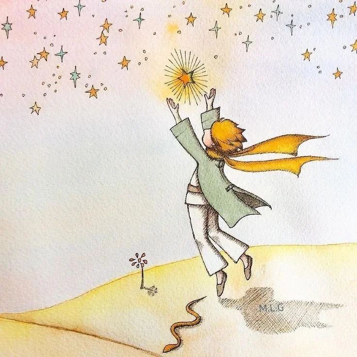 A person with long hair wearing a green coat and white pants is reaching upward toward a glowing star in a colorful sky filled with smaller stars.