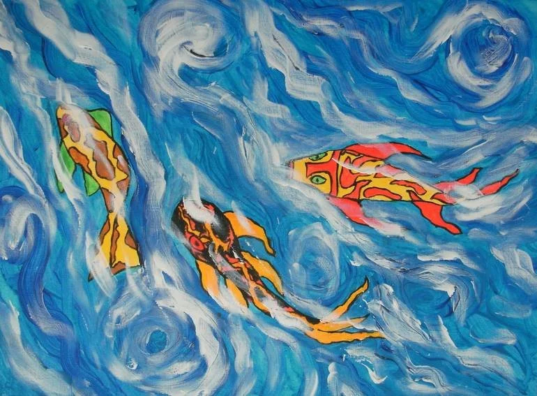 Abstract painting of three colorful fish swimming in blue water with swirling patterns.