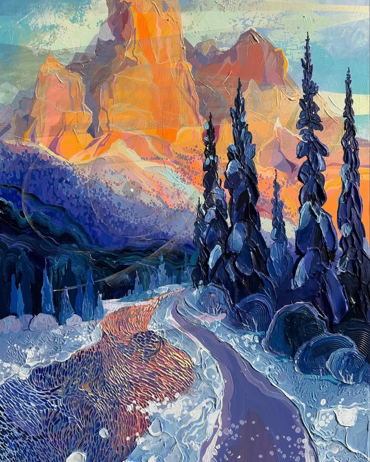 Abstract painting of a mountainous landscape with tall pine trees, a winding path, and a colorful sunset sky.