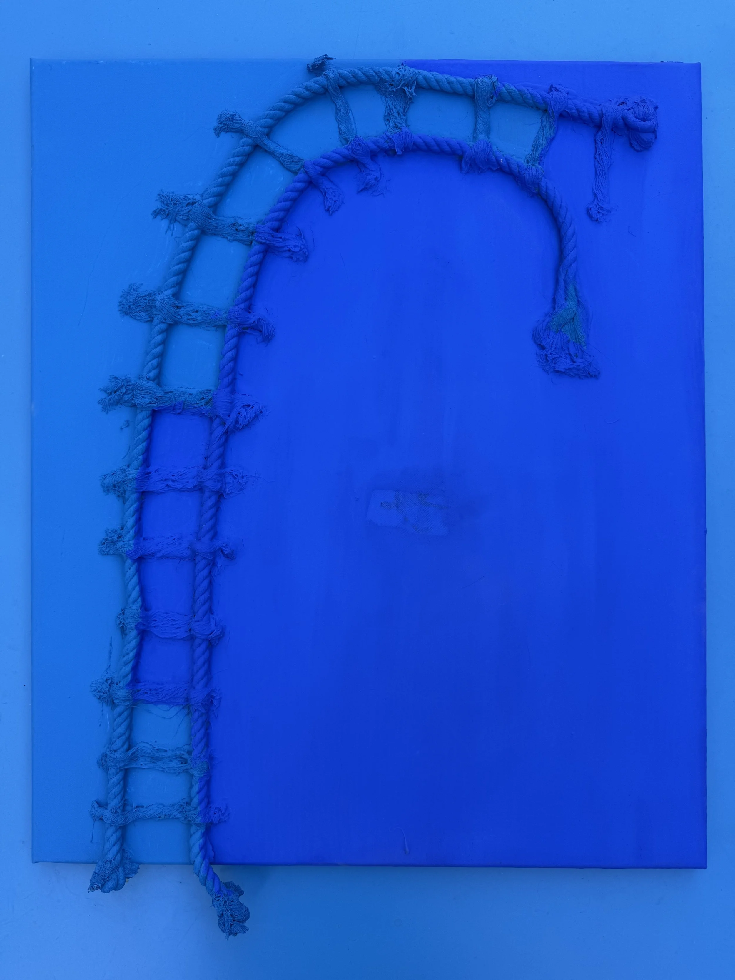 Falling down from the ladder (blue), 2025, mixed media on canvas, 20″x24″