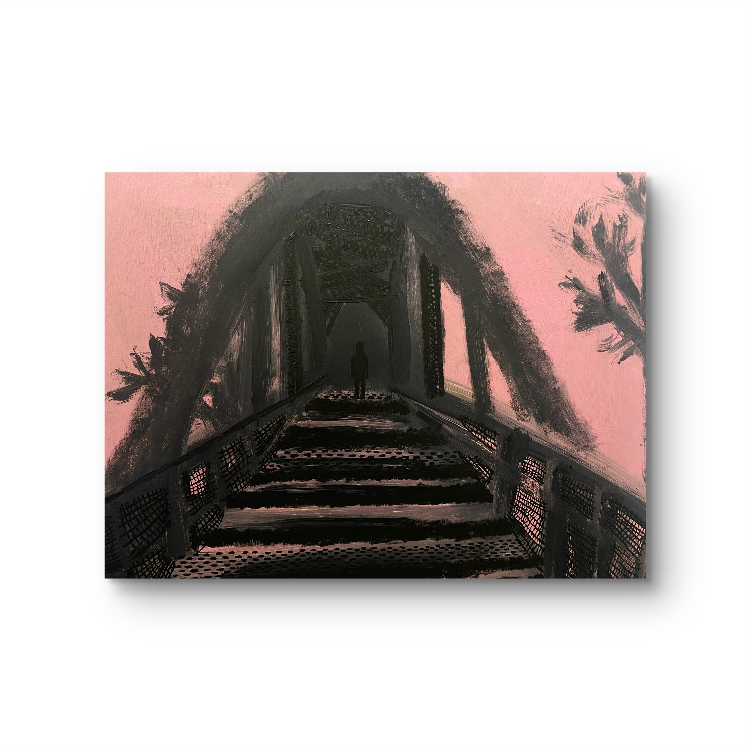 Lost boys bridge, 2023, acrylic on wood, 20″x16″