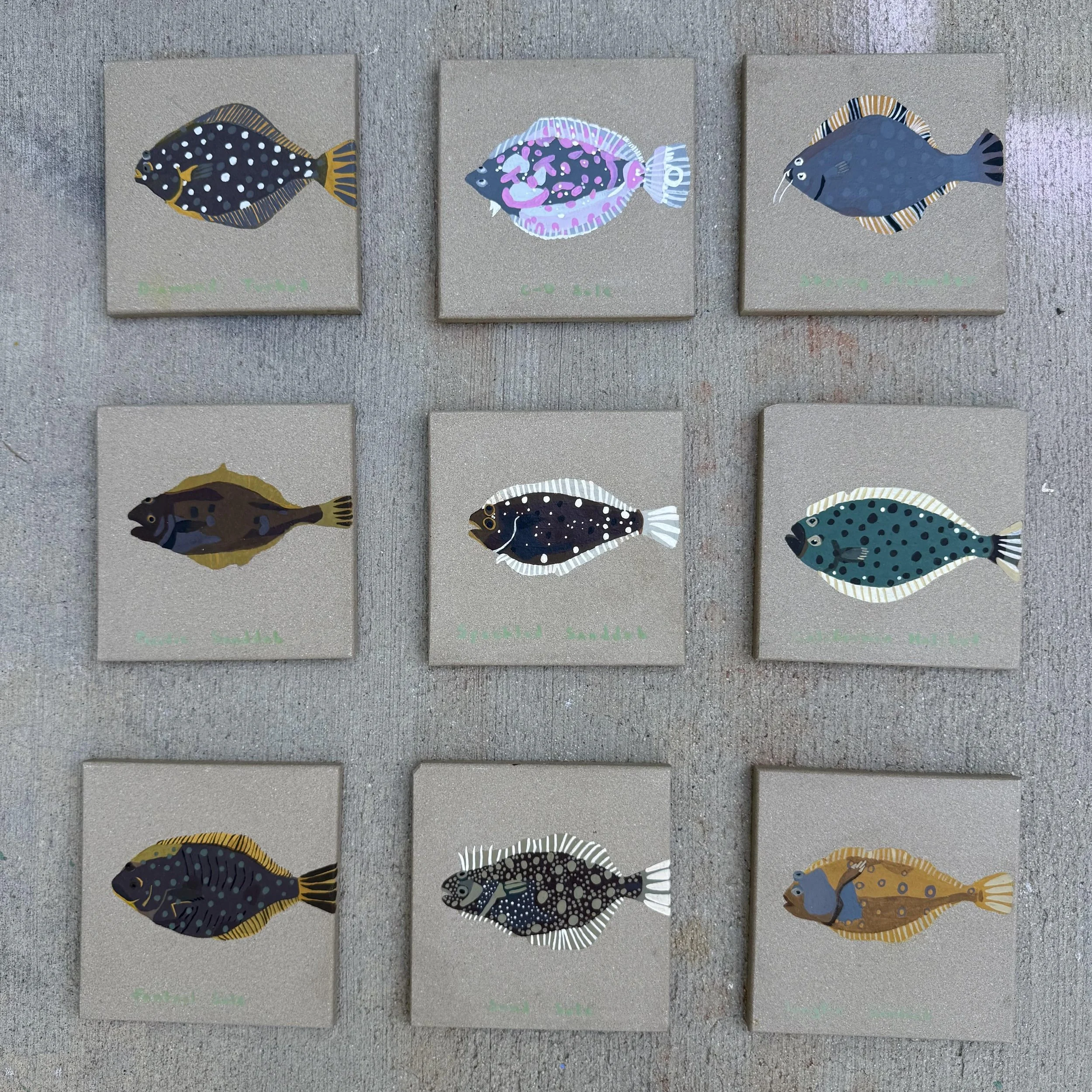 Flatfish, 2025, acrylic on tiles, 6″x6″ each 