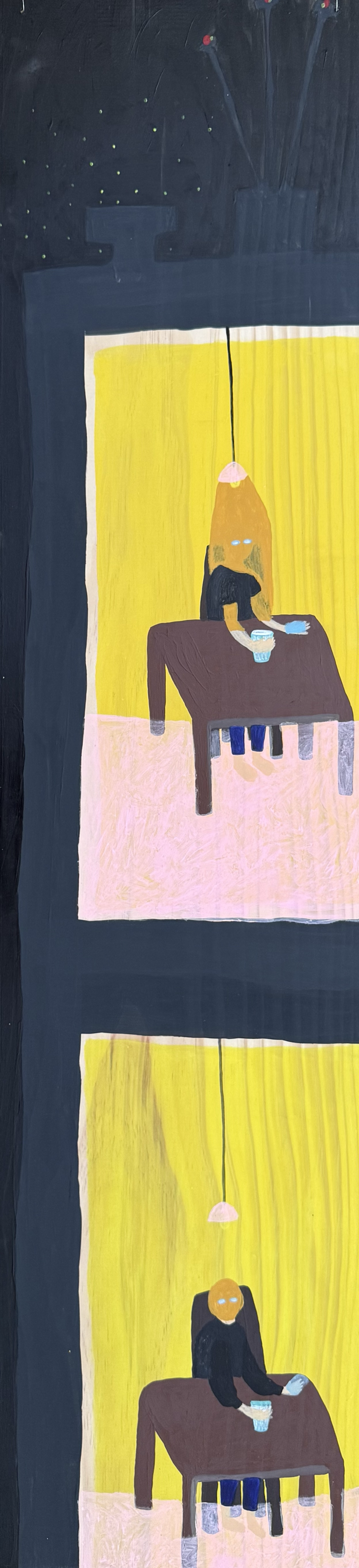 Night milk in the kitchen, 2025, acrylic on wood, 11″x48″//from "Things underneath" series about hidden layers