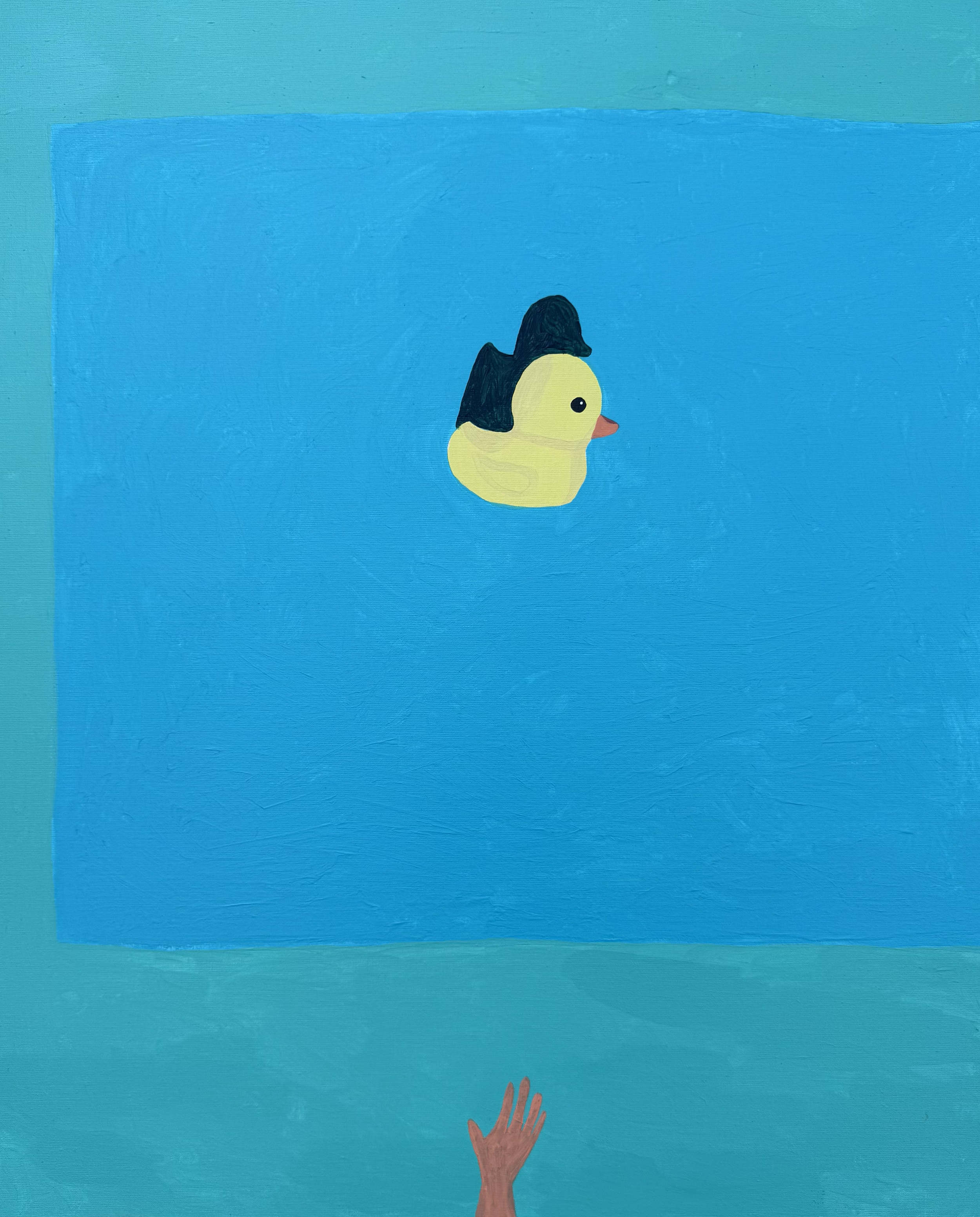 Duckie, 2025, acrylic on canvas, 24″x30″ //a rubber duckie is an eternal monument to real ducks that will outlive ducks themselves and possibly even us