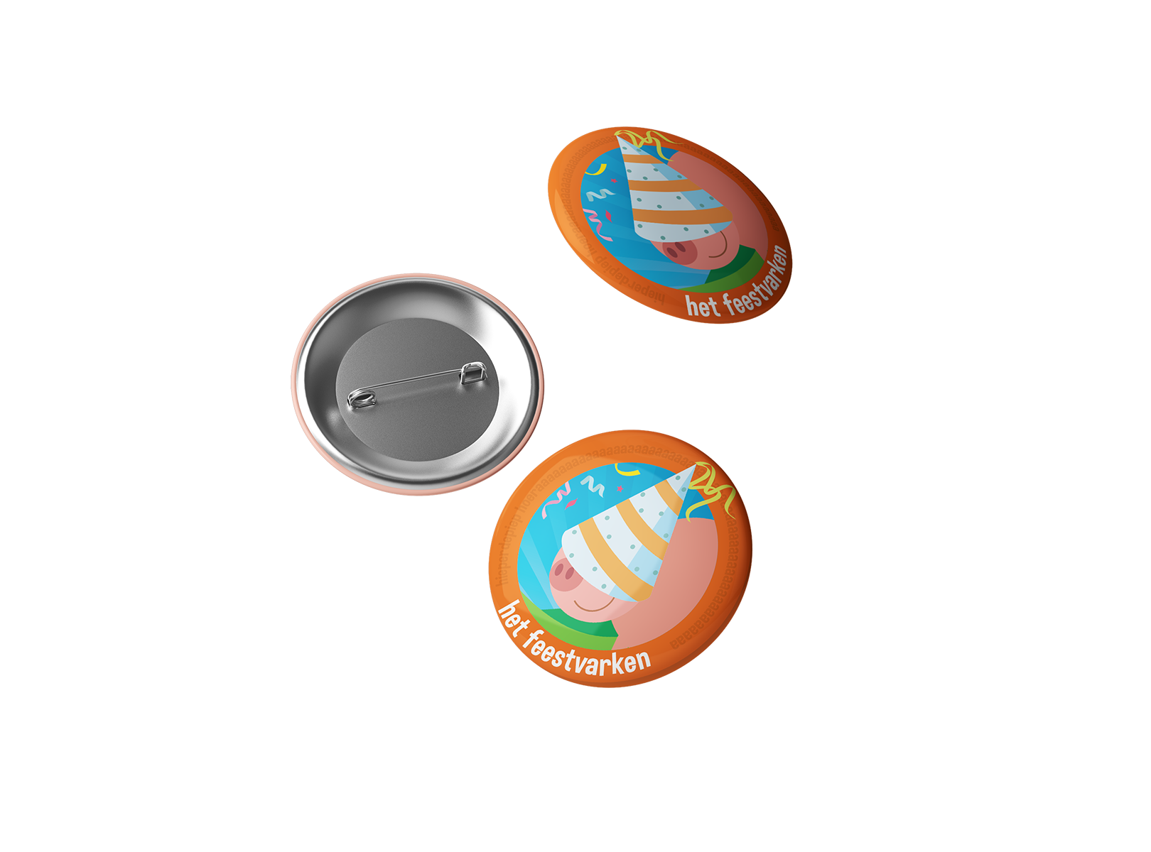 Voor het kinderfeestje van Flierefluiter ontwierp ik speelse buttons met een grappig feestvarken waarbij het feesthoedje over de ogen is gezakt.
