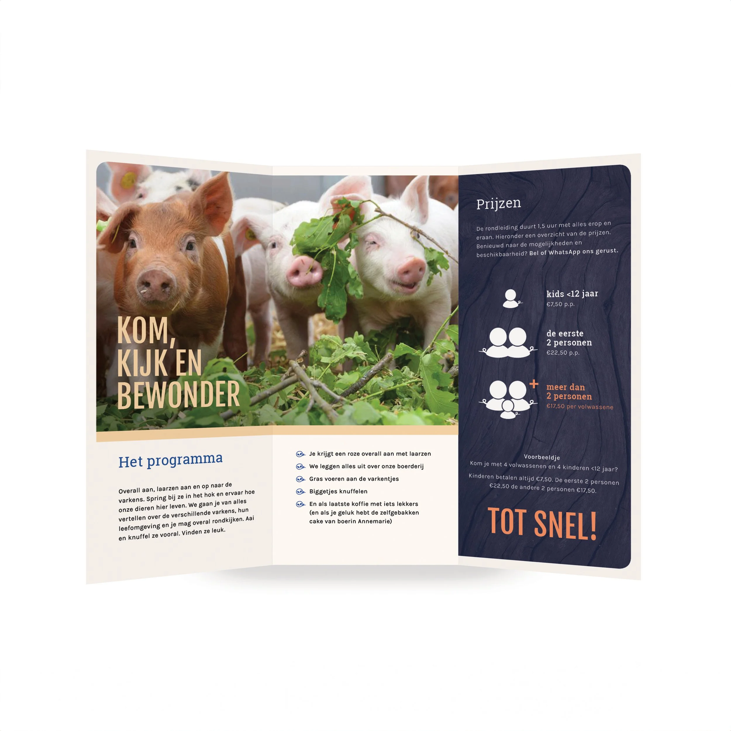 Een visueel aantrekkelijke en goed leesbare promotieflyer voor Varkenshoff, ontworpen om bezoekers enthousiast te maken en op diverse locaties neer te leggen.