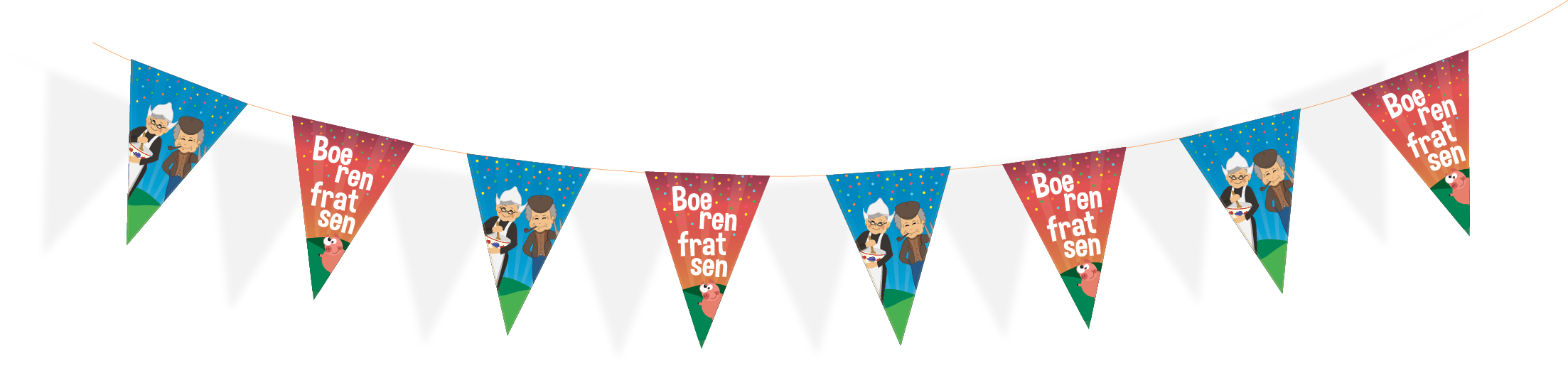 Voor de leukste momenten maakte ik voor de Flierefluiter deze superleuke slinger waar om en om een feestelijk design te zien is met de mascottes van de Flierefluiter. Het doel was dat het vrolijkheid moest uitstralen en leuk om naar te kijken.