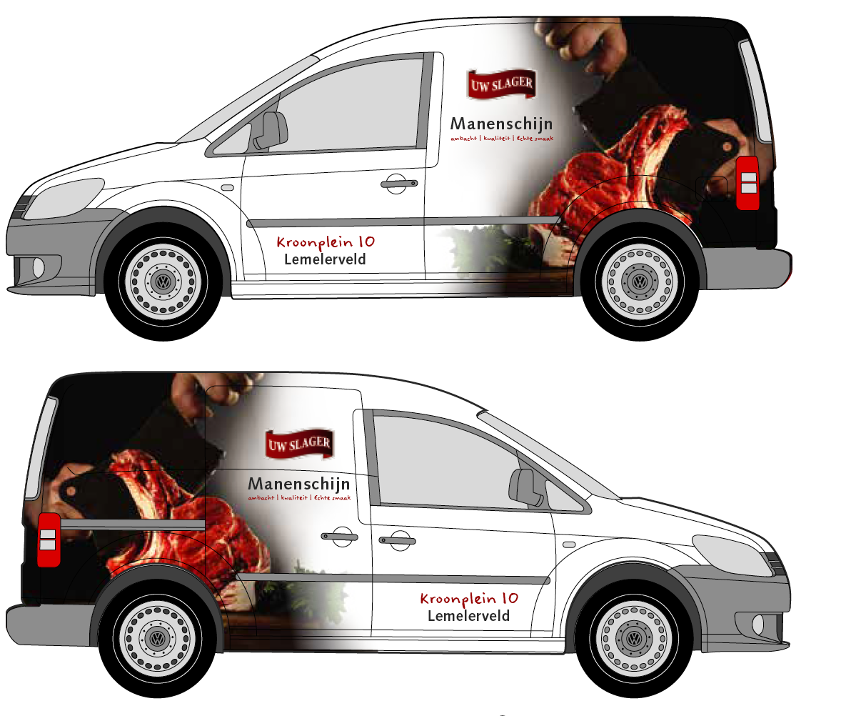 Voor Slagerij Lemelerveld ontwierp ik een volledige buswrapping met een ambachtelijke foto en zorgvuldig geplaatste contactinformatie voor een sterke uitstraling.