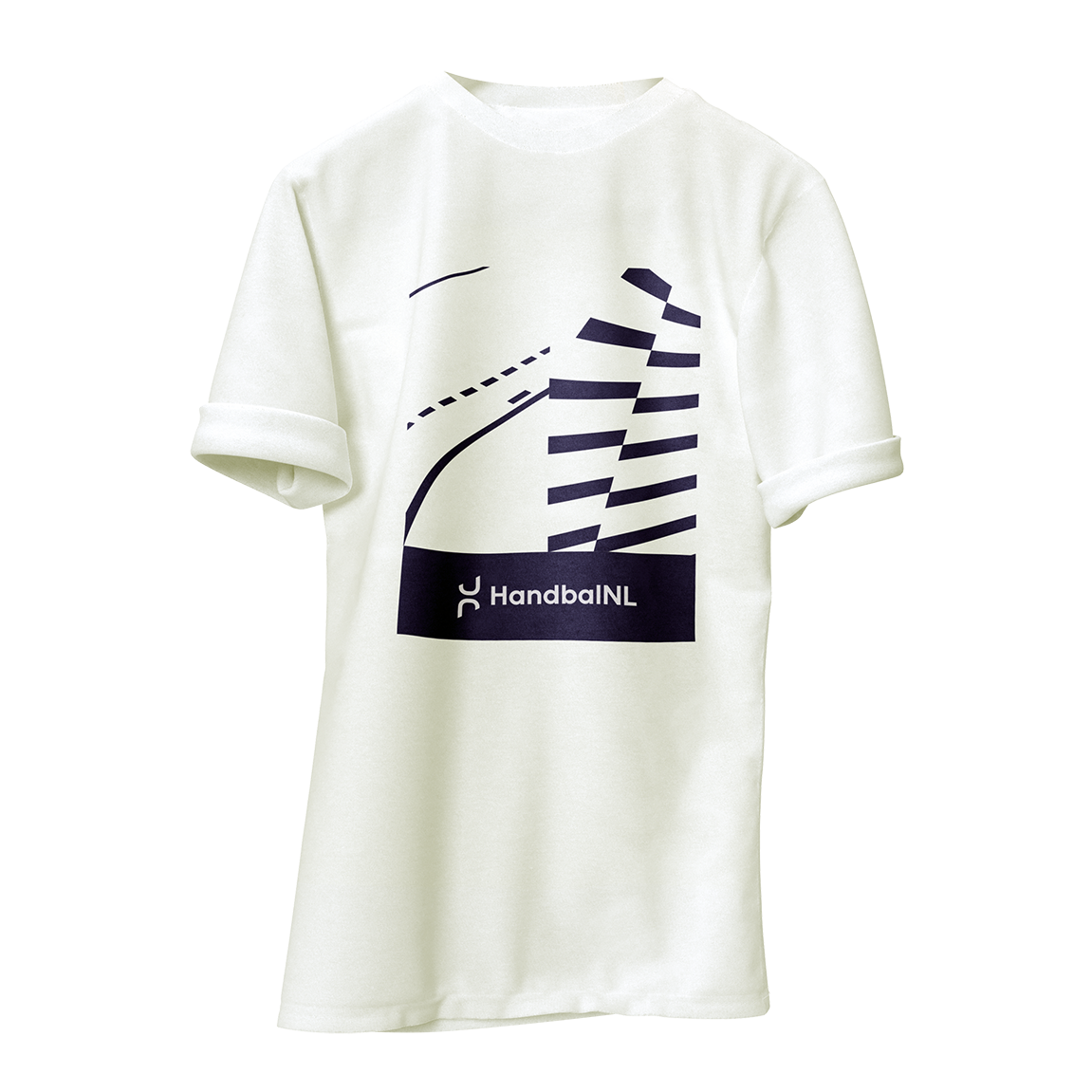 Een fris T-shirt design voor HandbalNL waarin het nieuwe logo en de stijlelementen naadloos zijn verwerkt volgens de vernieuwde huisstijl.