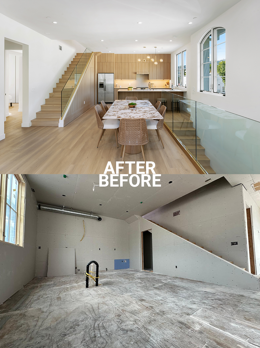 Comparison of a renovated modern kitchen and dining area with fresh paint, wood accents, large windows, and dining table in the top image, and an unfinished room under renovation with exposed drywall, an aggressive dose of construction materials, and an open space with a staircase in the bottom image.