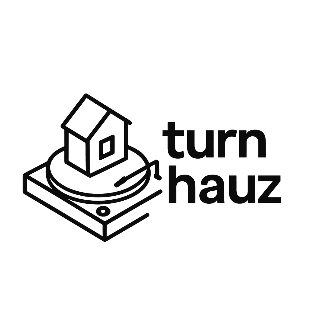 Line drawing of a small house on a turntable next to a turntable, with the words 'turn hauz' in black text.