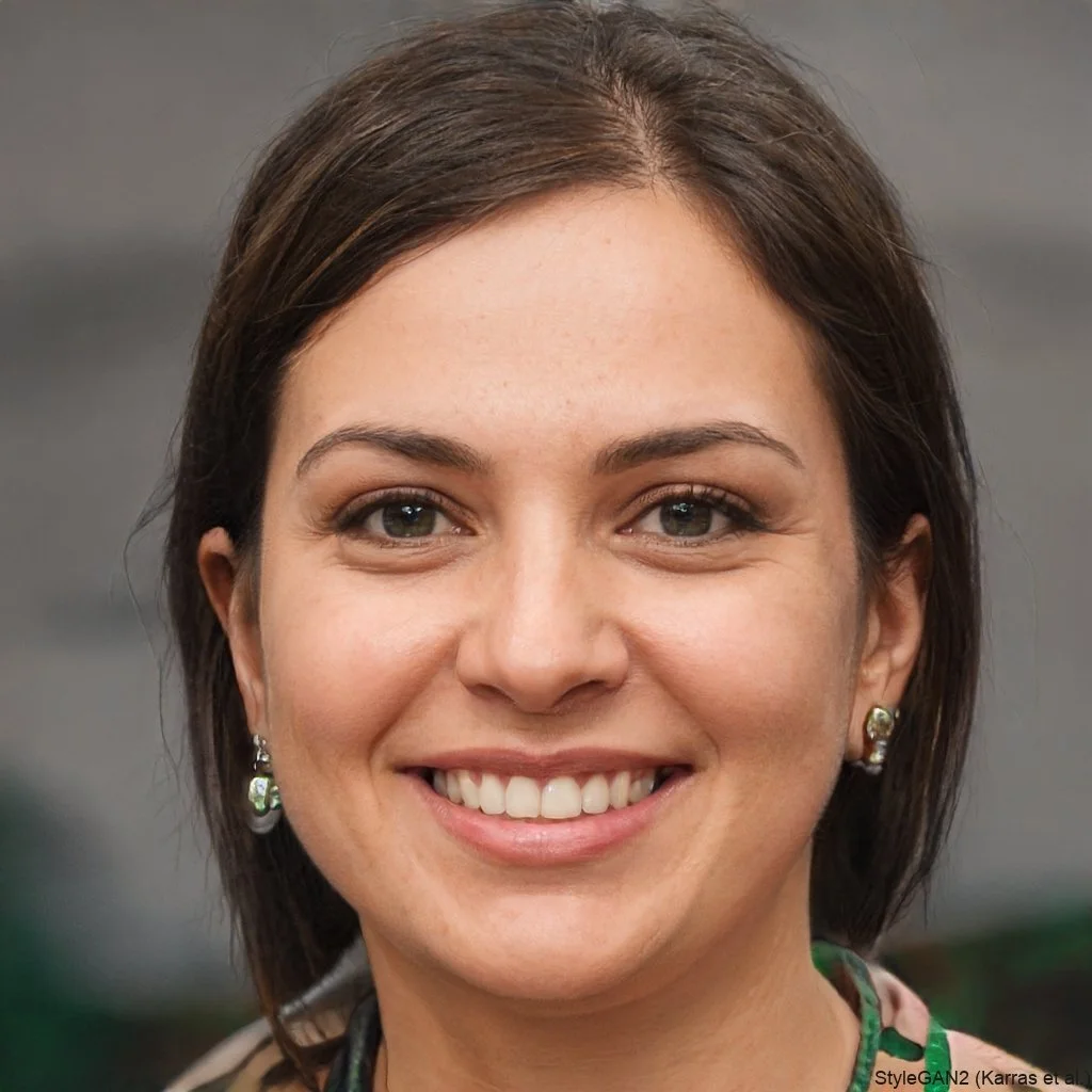 Close-up of a woman with short brown hair, smiling, wearing earrings and a patterned top.