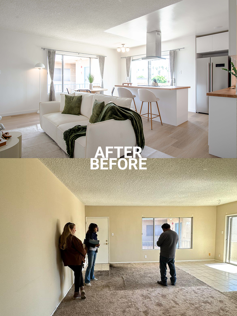 A side-by-side comparison of a living room before and after renovation. The before shows an empty, slightly worn-out room with a beige carpet and three people inspecting it. The after shows a bright, modern living room with a white couch, pillows, and a decorated space with furniture, curtains, and a kitchen area.
