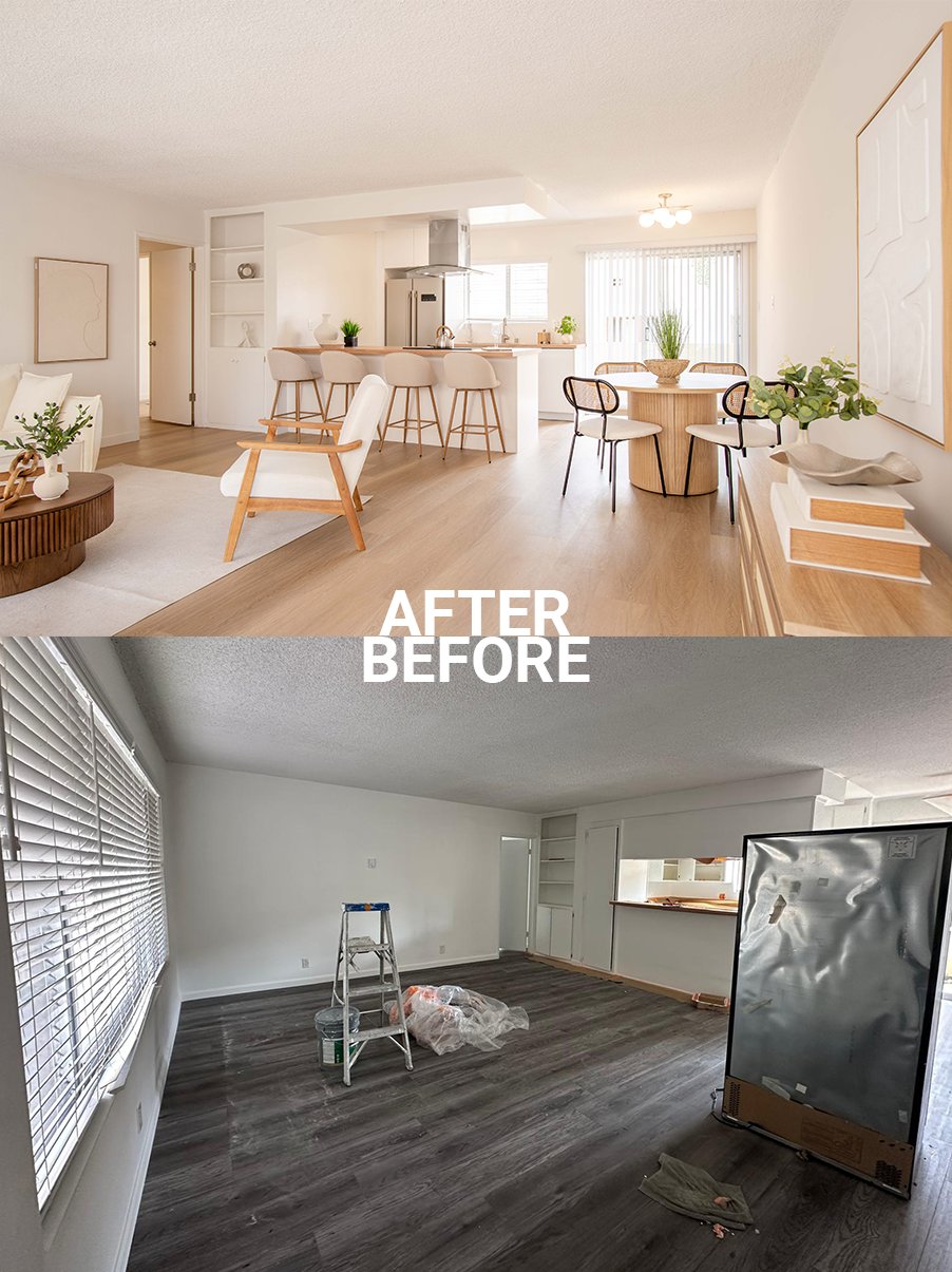 Comparison of a living room before and after renovation. The top image shows a bright, furnished living space with light wood flooring, white furniture, and decor. The bottom image shows the same room under renovation with dark flooring, construction materials, and no furniture.