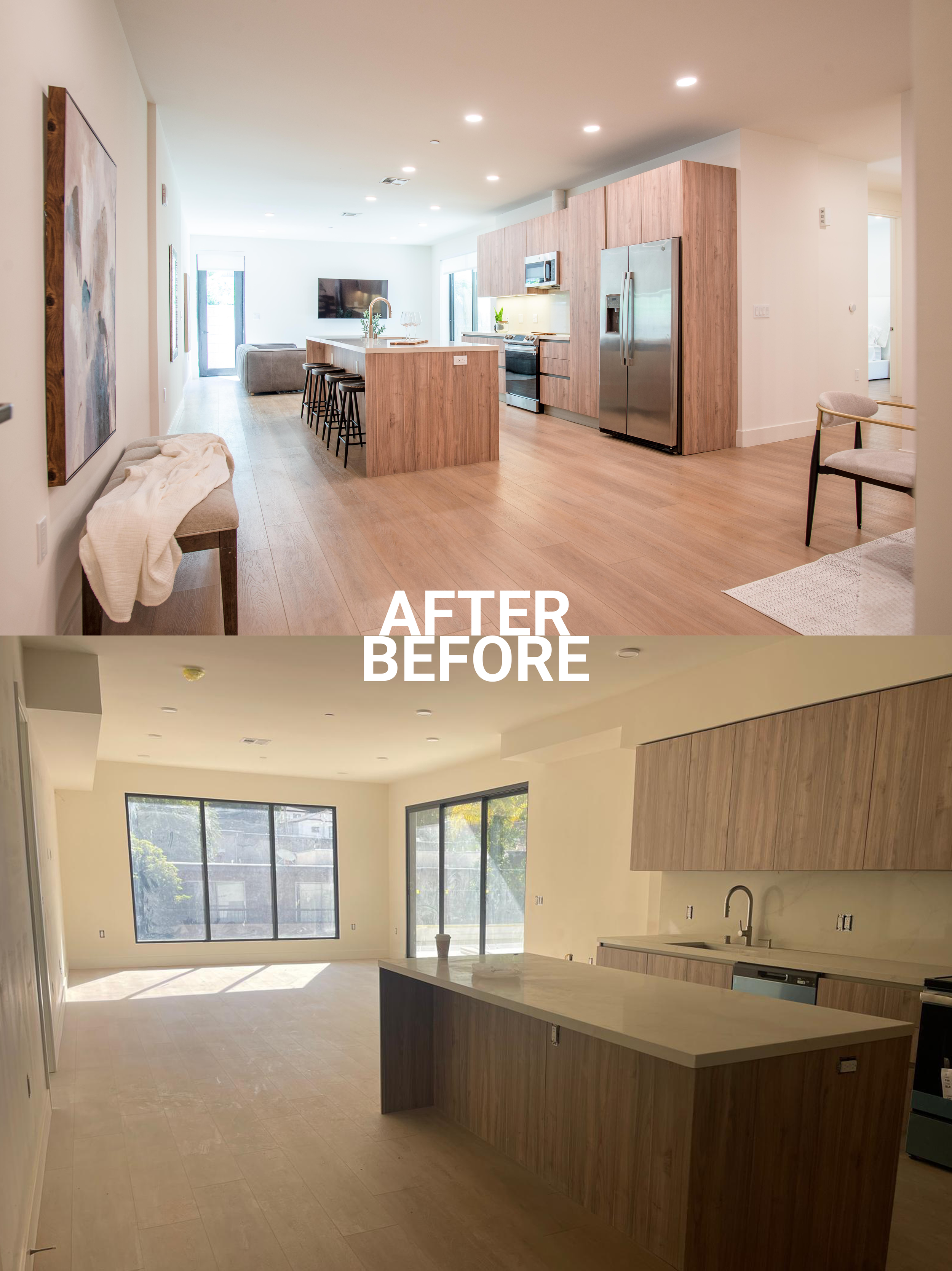 Comparison of a living room and kitchen area before and after renovation. The after image shows a modern, finished space with wooden flooring and kitchen cabinets, while the before image shows an unfinished room with bare floors and uninstalled cabinetry.