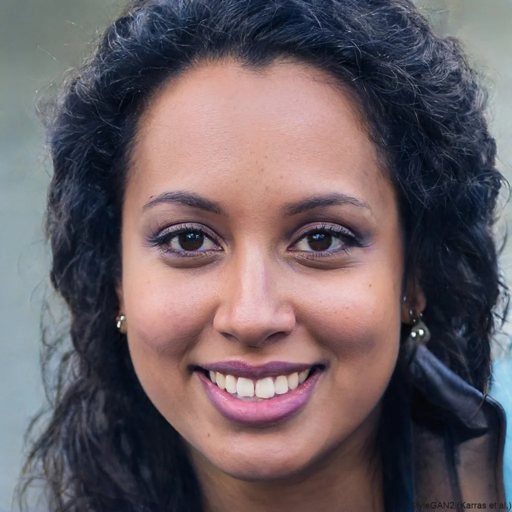 Close-up of a smiling woman with curly dark hair, wearing earrings, outdoors with a blurred green background.
