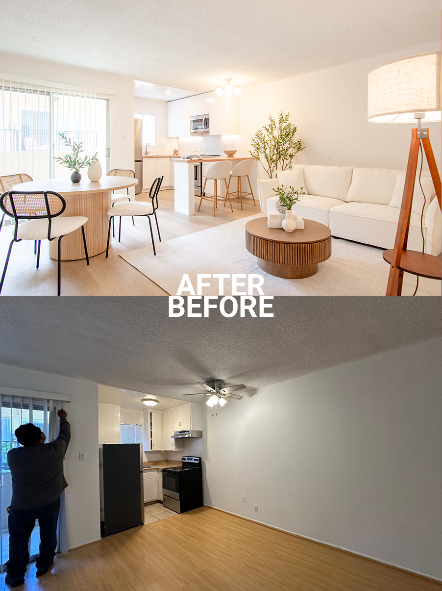 Comparison of a living room with kitchen during renovation. The top image shows a bright, decorated modern living space with furniture and plants, labeled 'After' and 'Before'. The bottom image shows a vacant, less furnished room with a kitchen area and a person installing a curtain, labeled 'Before'.