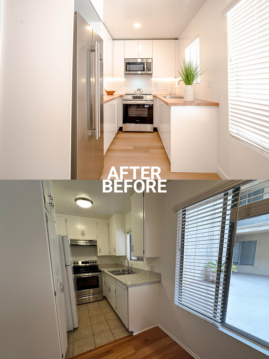 Comparison of a kitchen before and after renovation. The "after" kitchen has a bright, modern look with white cabinetry, light wood countertops, and stainless steel appliances. The "before" kitchen has older white cabinets, beige countertops, and tile flooring, with a large window with blinds overlooking a backyard.