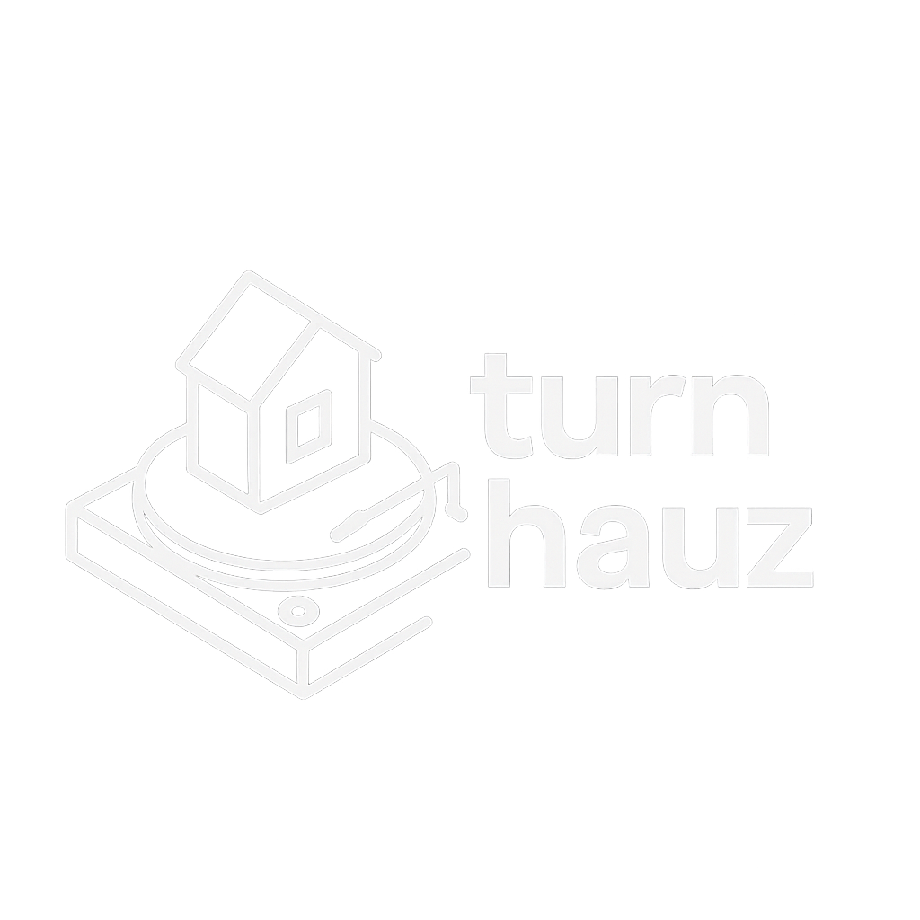 Line drawing of a house on a turntable with a turntable and the words "turn hauz" on a black background.