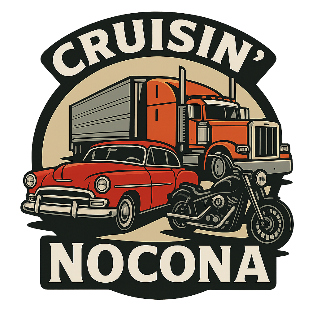 A graphic emblem featuring a red classic car, a black motorcycle, and a large orange semi-truck with the words "Cruisin', Nocona" displayed at the top and bottom.