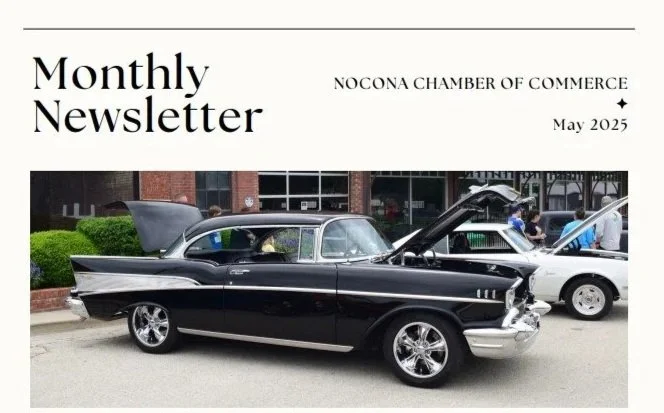 Cover of the May 2025 Nocona Chamber of Commerce Monthly Newsletter featuring a classic black car with its hood open, parked on a street with people and other cars in the background.