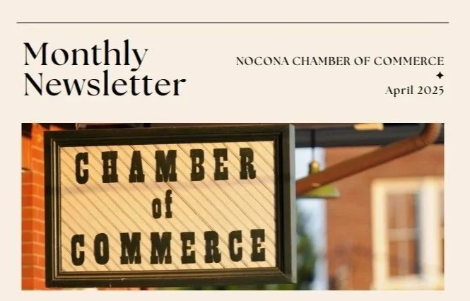 Cover page of the April 2023 Monthly Newsletter from the Nocona Chamber of Commerce featuring a sign that reads 'Chamber of Commerce'.