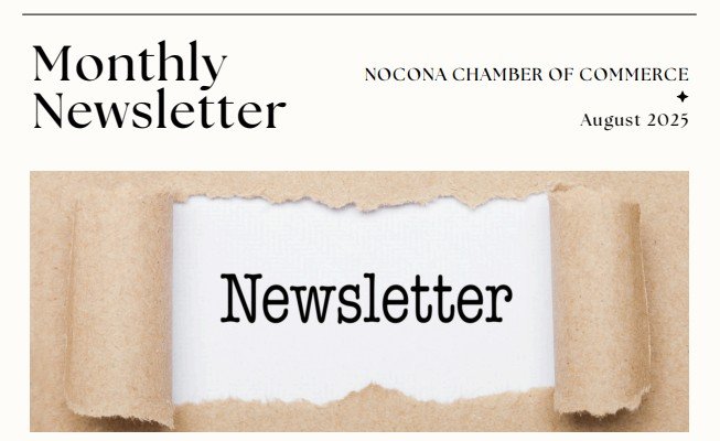 Cover page of the August 2025 Monthly Newsletter from the Nocona Chamber of Commerce, featuring a torn paper design with the word 'Newsletter' in bold black font.