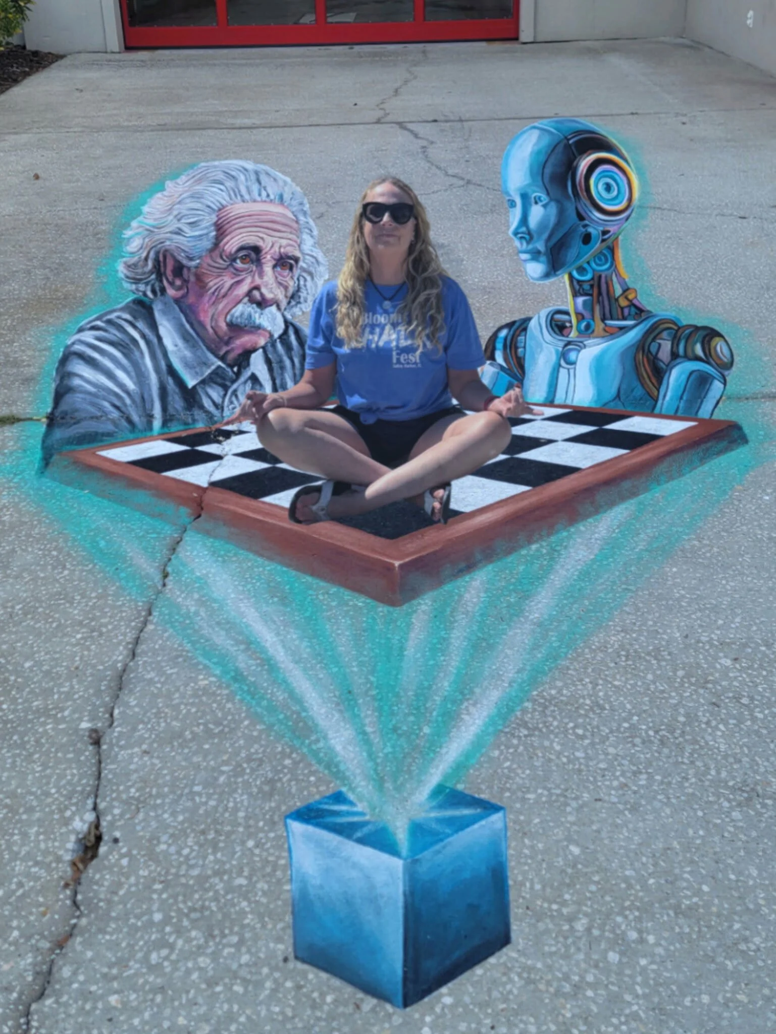 3D Chalk Mural of Einstein playing chess with an AI Robot, created for the Bloom 'N Chalk Fest at Safety Harbor Florida with artist Laura Thomas. People's Choice Award, 2026